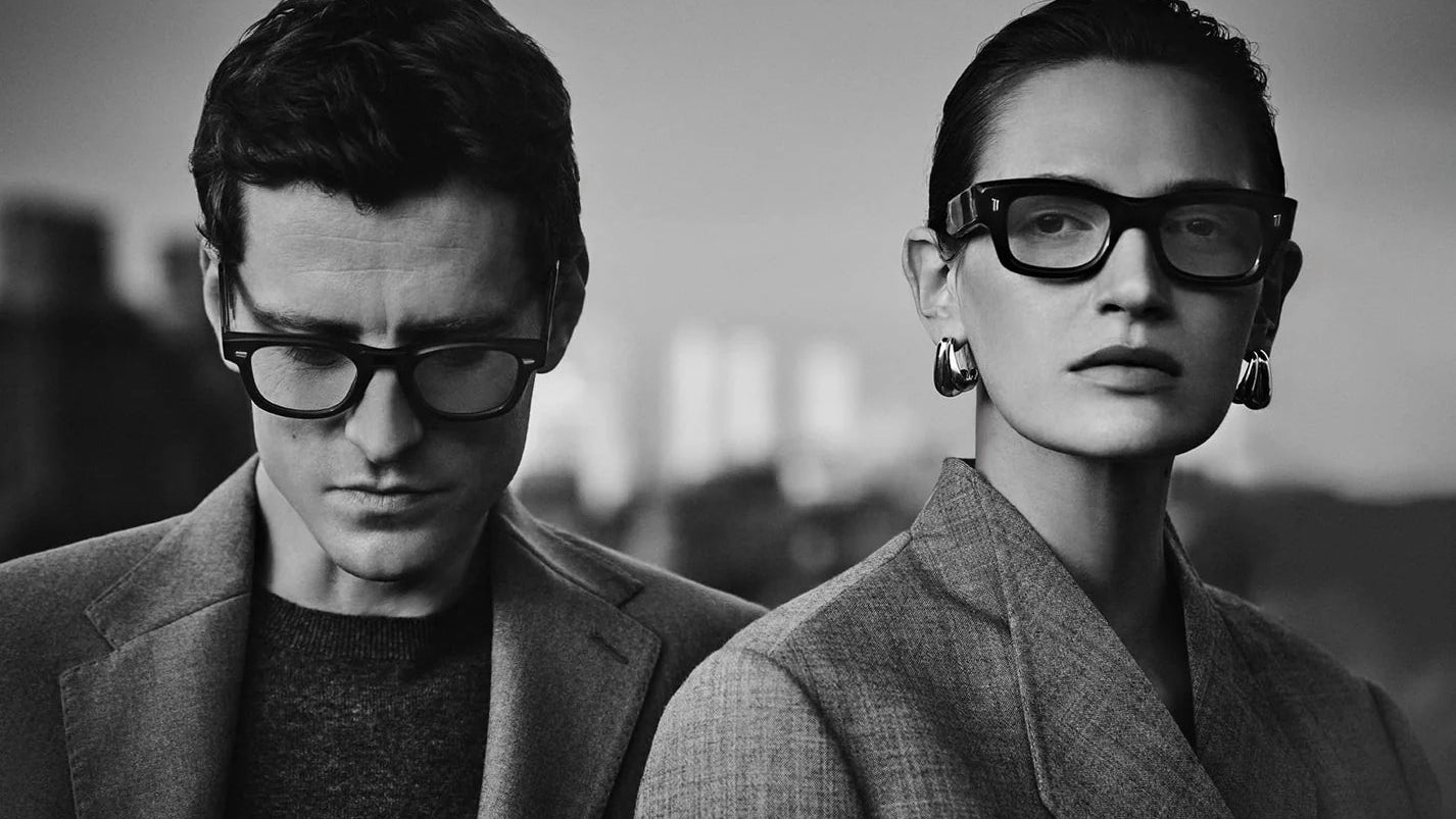 Models wearing bold, sculpted designer eyewear in a black-and-white Cutler and Gross campaign
