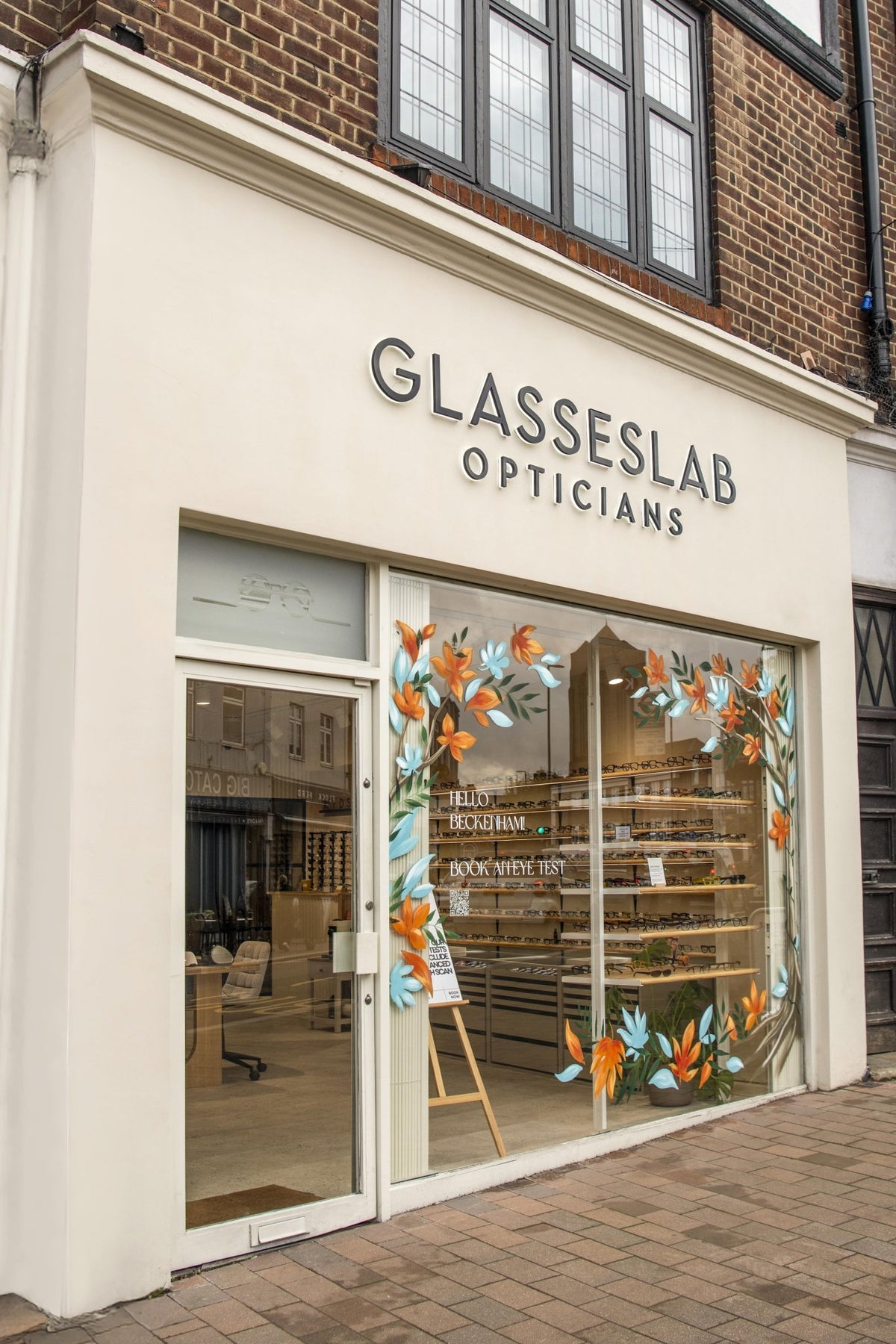 Glasseslab Beckenham opticians storefront with a window display and eyewear inside.
