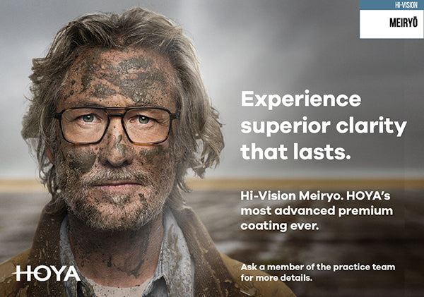 HOYA Hi-Vision Meiryo promotional advert highlighting superior clarity from the brand’s most advanced premium lens coating